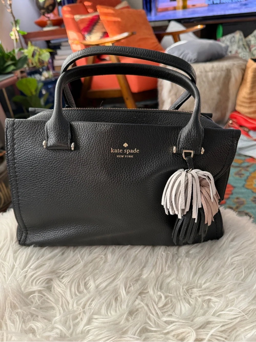 kate spade New York Black Leather Satchel with Tassel
